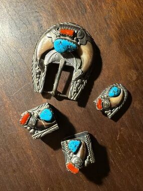 Turquoise/Coral/Bear Claw Belt Buckle Set - Navajo